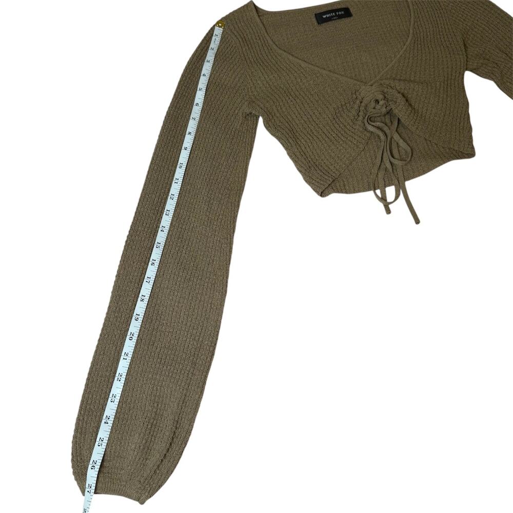 White Fox Brown Ribbed Lace‎ Up Crop Top Balloon Sleeve Size XS Minimalist Basic - Picture 9 of 9